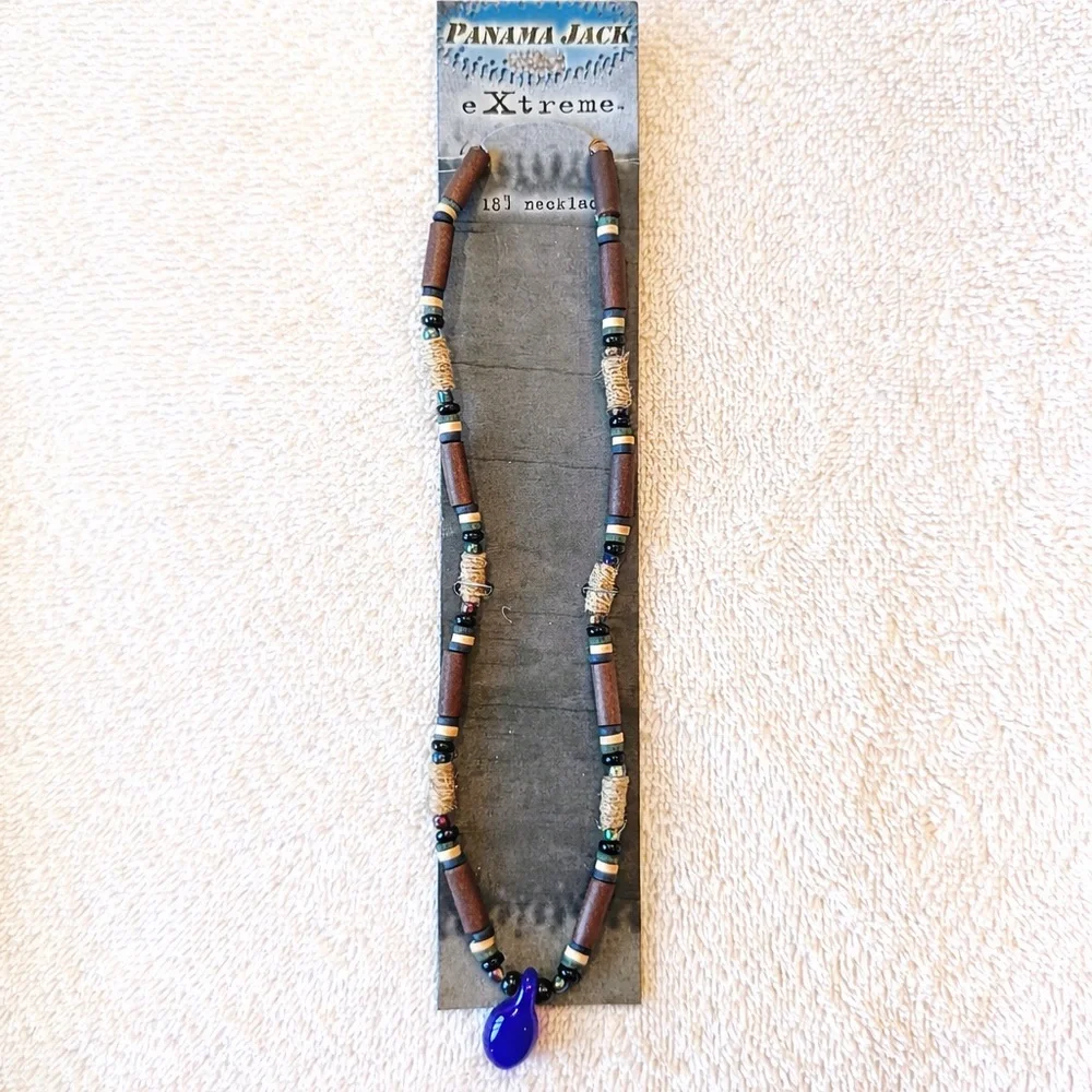Panama Jack eXtreme 18” Beaded‎ Necklace Blue Glass Pendant Y2K NOS 2002